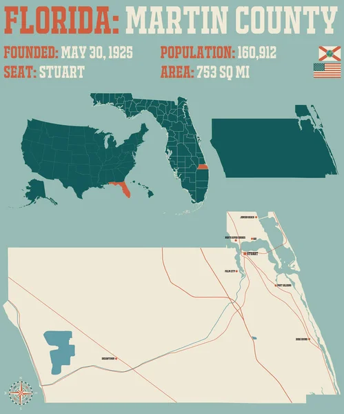 Florida Abd Deki Martin Ilçesinin Geniş Detaylı Haritası — Stok Vektör