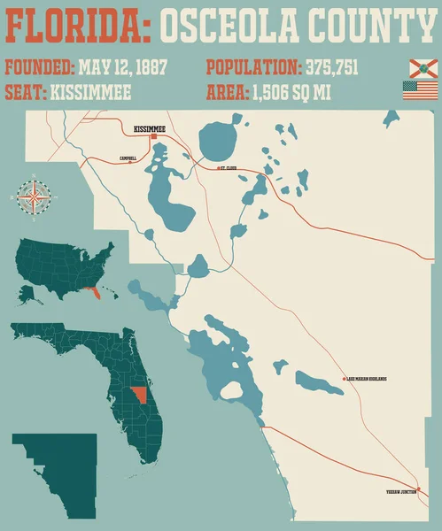 Abd Nin Florida Kentindeki Osceola Ilçesinin Geniş Ayrıntılı Haritası — Stok Vektör
