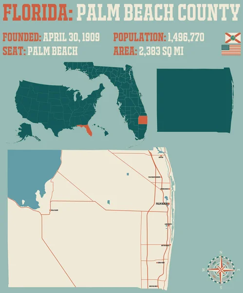 Große Und Detaillierte Karte Von Palm Beach County Florida Usa — Stockvektor