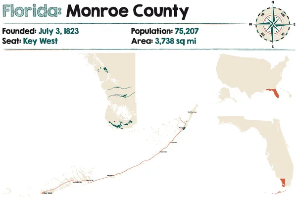 Большая Подробная Карта Округа Монро Флорида Сша — стоковый вектор