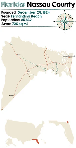Grande Detalhado Mapa Condado Nassau Flórida Eua —  Vetores de Stock