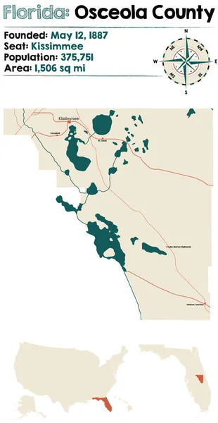 Mappa Ampia Dettagliata Della Contea Osceola Florida Stati Uniti — Vettoriale Stock
