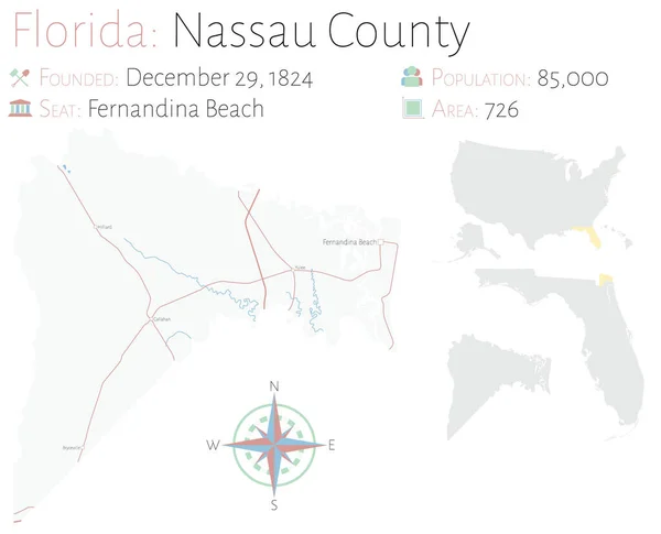 Stor Och Detaljerad Karta Över Nassau County Florida Usa — Stock vektor