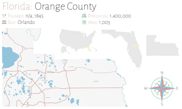 佛罗里达州奥兰治县的大而详细的地图 — 图库矢量图片