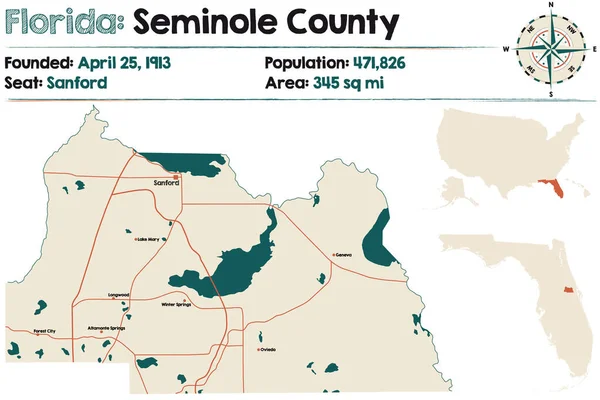 Peta Besar Dan Rinci Dari Seminole County Florida Amerika Serikat - Stok Vektor