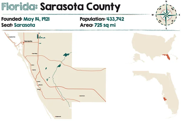 Mappa Ampia Dettagliata Della Contea Sarasota Florida Stati Uniti — Vettoriale Stock