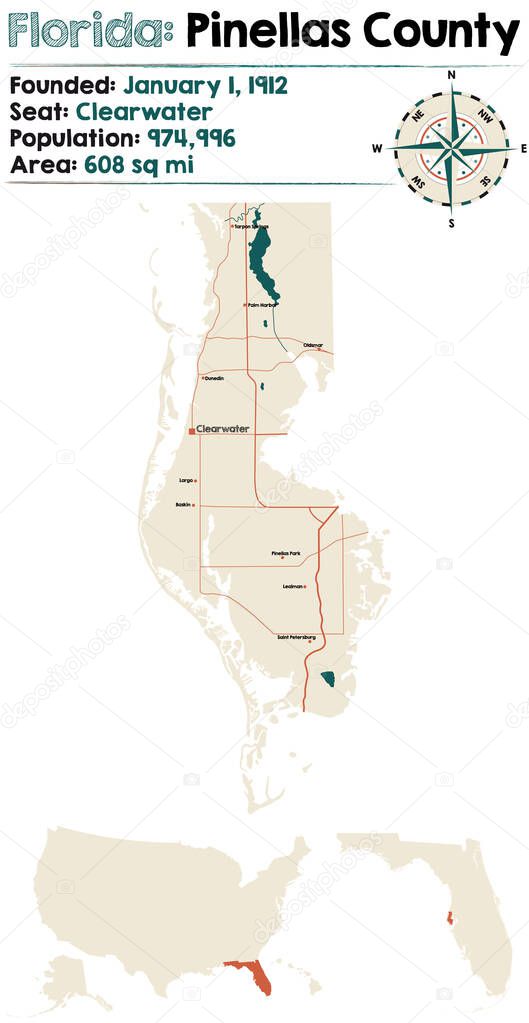 Large and detailed map of Pinellas county in Florida, USA.