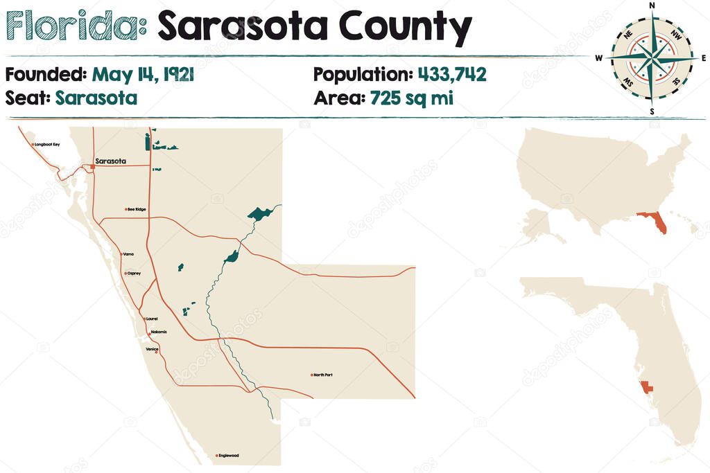 Large and detailed map of Sarasota county in Florida, USA.