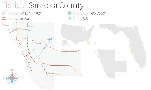 Florida Abd Deki Sarasota Ilçesinin Geniş Ayrıntılı Haritası — Stok Vektör