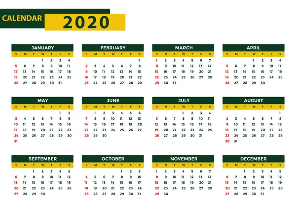 Modelo Calendário 2020 Projeto Calendário Design Verde Amarelo Branco Cor — Vetor de Stock