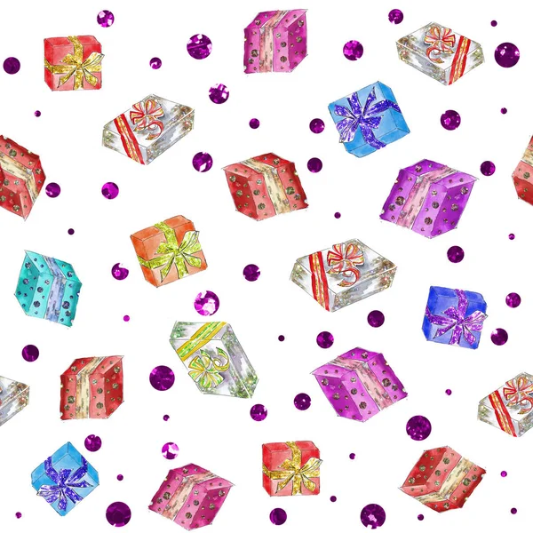 Watercolor Gift Boxes Seamless Pattern Sparkling Glitter Elements Birthday Wrapping — Stock Photo, Image