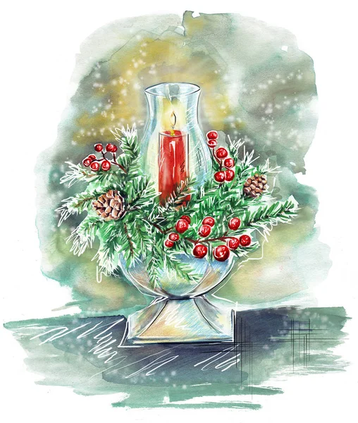 水彩画手绘圣诞蜡烛在花圈中燃烧的图景 新年概念图 贺卡背景 — 图库照片