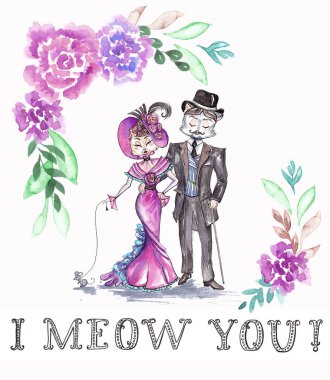 Suluboya Aziz Sevgililer Günü Sevimli Kediler, Komik Karakterler, Tuhaf Tasarım, Yıldönümü Düğün Kartı Tasarımı, Evli Çift, Sweet Deco, Retro Style Illustration