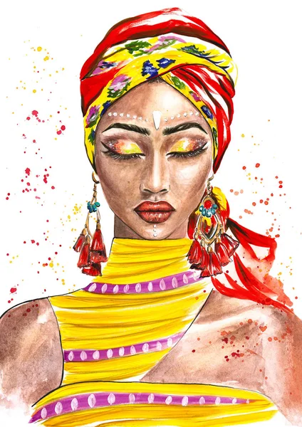 화장을 손으로 무늬를 아프리카 여자의 아름다운 피부색의 아름다운 이색적 초상화 — 스톡 사진