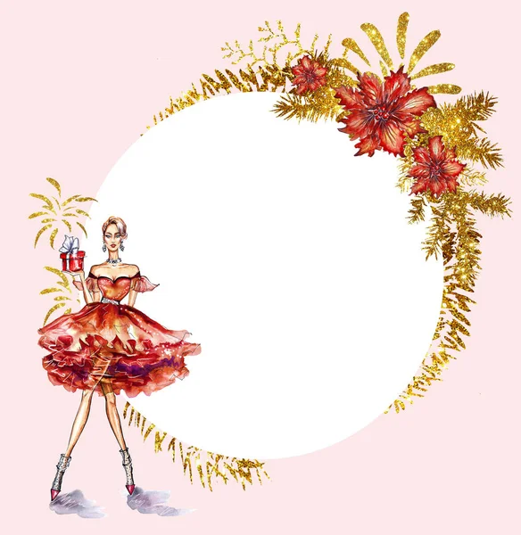 圣诞贺卡模板 穿著华丽红衣的时尚女郎 金松枝及烟火 新年庆典 礼物及派对概念 水彩画 — 图库照片