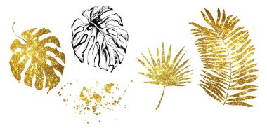 Altın Palmiye Yaprakları, Egzotik Botanik Kesme Sanatı, Parıldayan Parıltı dokusu, Mürekkep Çizimi, Dekorasyon Seti, Modern Tasarım