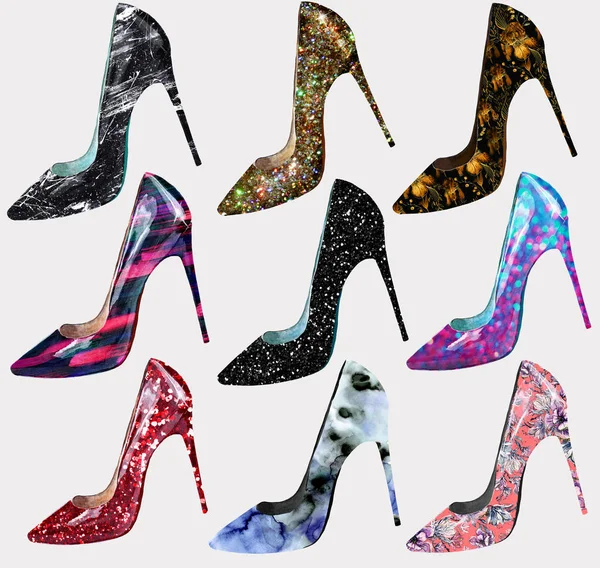 Fashion Stiletto Shoes Clip Art Glitter Paint Floral Textured Surface — стокове фото