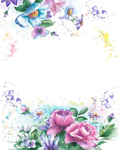 ピンクのバラと招待カードのためのロマンチックな水彩春の花のフレームの背景 青の花とペイントスプラッシュ 手はカラフルなイラストを描いた — ストック写真