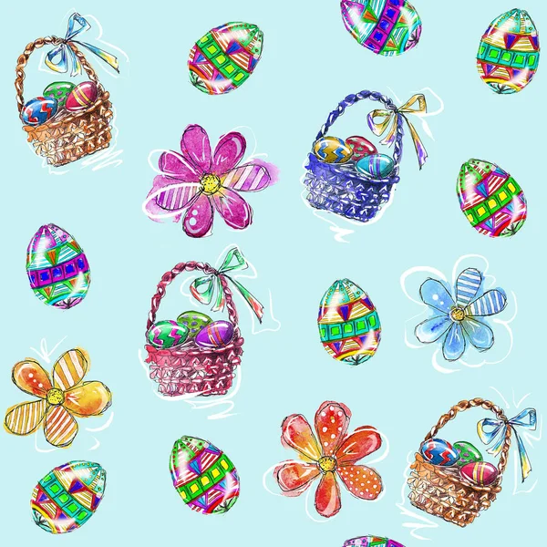 Colorful Happy Easter Seamless Clip Art Bright Holiday Watercolor Sketches — Stock Photo, Image