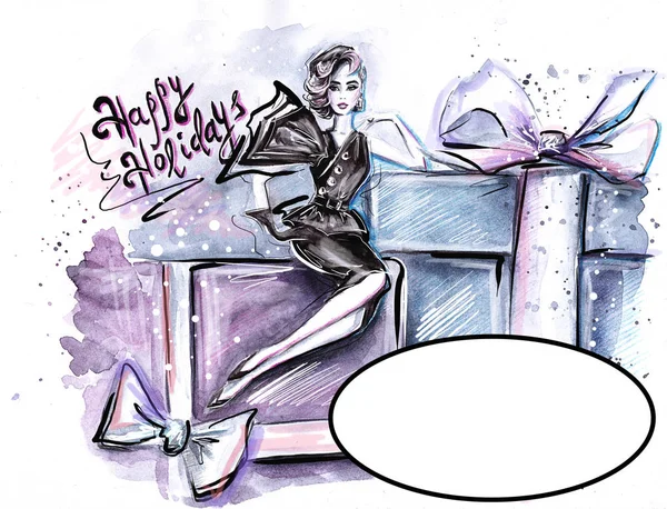 Šablona Pro Inzeráty Akvarel Fashion Illustration Krásná Žena Černých Šatech — Stock fotografie