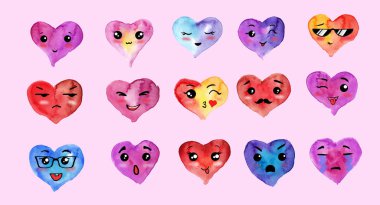 Suluboya Emoji Kalpler Klip Sanatı. Sevgililer Günü için bir dizi gülen yüz. Yüz Duyguları Koleksiyonu. El Boyası Şirin Biçimli Renkli elementler izole edildi. 