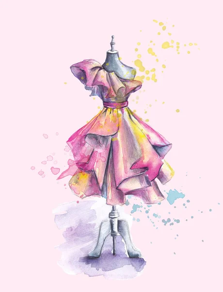 Prachtige Jurk Met Plooien Etalagepop Hand Geschilderd Aquarel Fashion Illustratie — Stockfoto