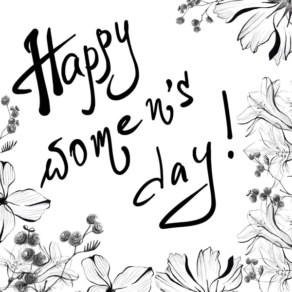 Glad Kvinnors Dag Gratulationskort Med Bläck Skiss Vackra Blommor Minimalistisk — Stockfoto