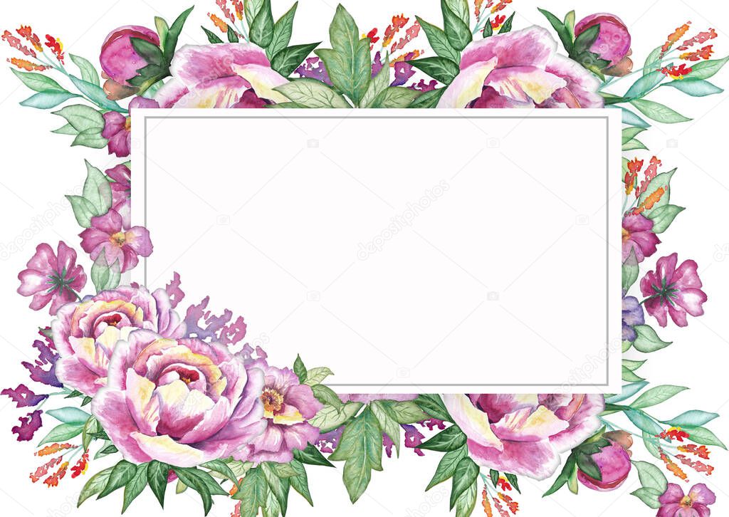 Watercolor Floral Frame. Wedding Ornament Concept. Decorative Greeting Card Template. Invitation Design Background. Hand Drawn Illustration. Spring Flowers, Peonies. Soft Romantic Elegant