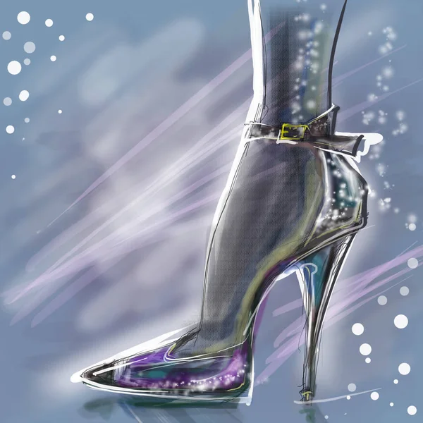 Digital Fashion Illustration of Shiny Shoe. Trendy Sketch with Space for Text. Fashion and Style Concept. High Heeled, Stiletto with Glitter Texture.