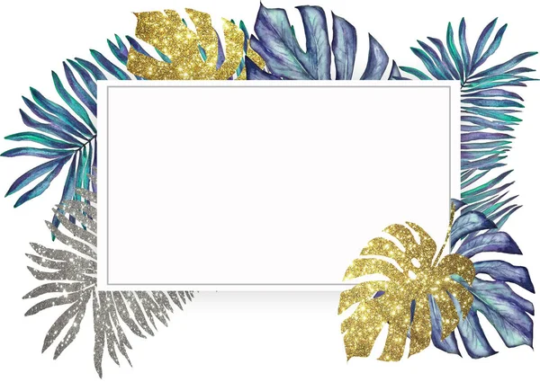 Tropical Palm Leaves Background Acuarela Textura Brillo Dorado Invitación Concepto —  Fotos de Stock