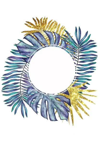 Tropical Palm Leaves Round Frame. Watercolor and Gold Glitter Texture. Summer Concept Background. Wedding Invitation Card Template. Unusual Design. Hand Painted Botanical Art. Exotic Greenery Wreath.