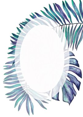 Tropik Palm Leaves Frame. Suluboya doku. Yaz Kavram Arkaplanı. Parti Davetiye Şablonu. Basit Tasarım. El boyaması Botanik Sanatı.