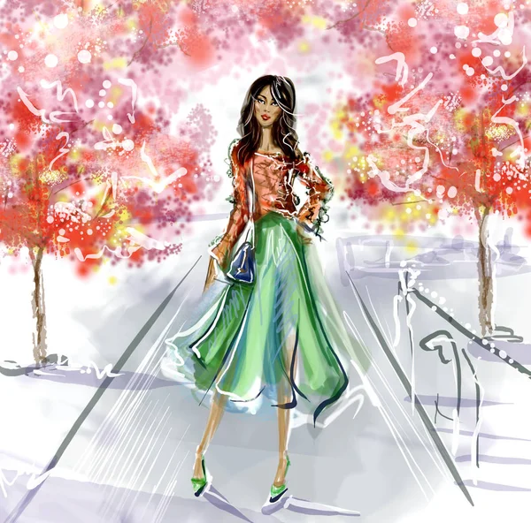 Темнокожая Девушка Модной Одежде Парке Деревьями Басовых Платьях Иллюстрация Моды — стоковое фото