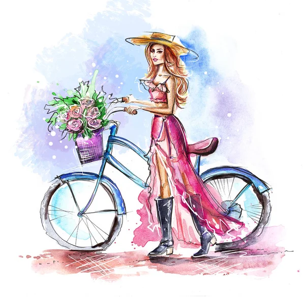 Watercolor Sketch of Beautiful Young Girl holding a Bicycle with Roses in Basket. Cute Colorful and Happy Fashion Illustration. Holidays, Countryside, Summer and Happiness Concept. Hand Painted Art