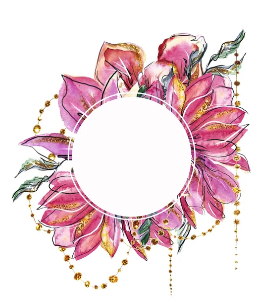Pink Indah Dan Violet Spring Flowers Dengan Manik Manik Emas — Stok Foto