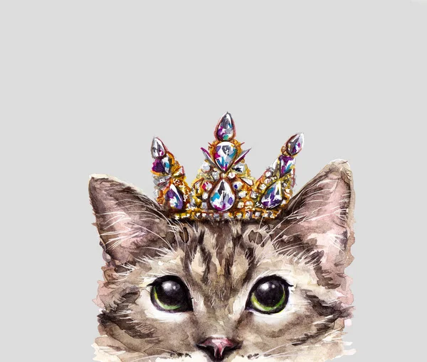 Aquarell Niedliche Katze Prinzessin Peeking Trägt Krone Sweet Animal Isolated — Stockfoto