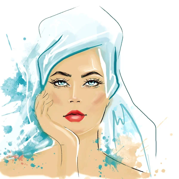 Digital Fashion Illustration Beautiful Girl Taking Care Her Face Reklama — Stock fotografie