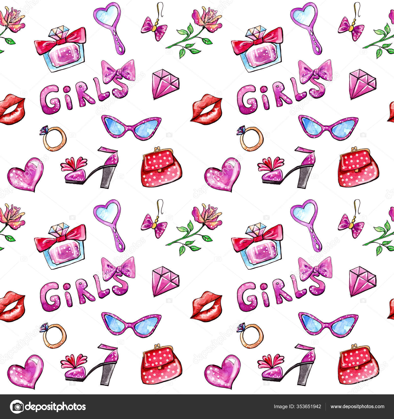 Cute Girls' Stuff Seamless Pattern Watercolor Sketches Doodle Style Funny  Stock Illustration by ©AgniKinnisArt #353651942