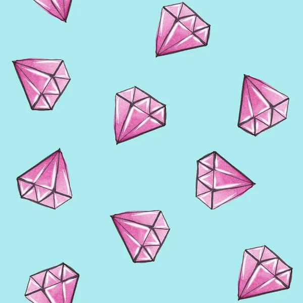 Simple Pink Diamonds Seamless Pattern. Cute Girly Style for Surface Design. Planner and Scrapbooking Background. Hand Drawn Watercolor Illustration