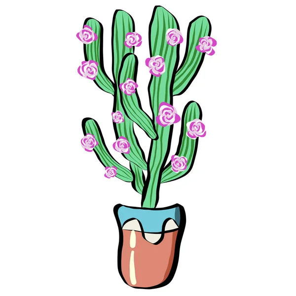 Cute Cactus Pink Flowers Pot Simple Design Doodle Style Vector — Stock Vector