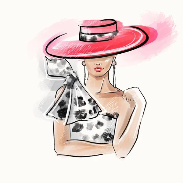 Fashion Minimalist Sketch of Beautiful Mysterious Woman in Wide Hat. Stylish Look. Beauty, Style and Confidence Concept. Card Design.
