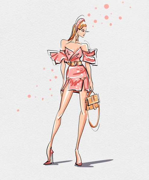 Fashion Illustration Von Stylish Beautiful Lady Feiertagsoutfit Glamour Kleidung Sketch — Stockfoto