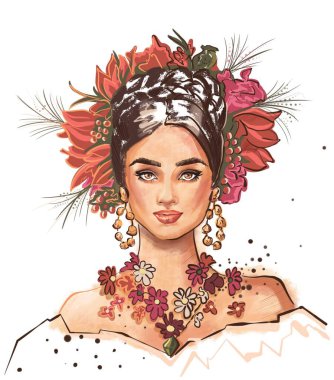 Çiçekli Crown Küpeli Güzel Kadın ve Çiçek Kolyesi. Yaz Zamanı Konsepti. Moda İllüstrasyonu. Beyaz Üzerine Ayırılmış Parlak ve Renkli Çizim