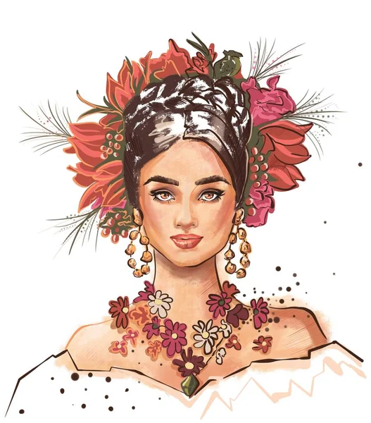 Beautiful Woman Floral Crown Earrings Flower Necklace 일러스트레이션 선명하고 스케치 — 스톡 사진