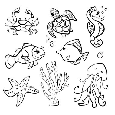 Şirin Deniz Hayvanları ve Balıklar. Komik Doodle Style Vektör Çizimleri. Çizgi film karakterleri. Basit Tasarım