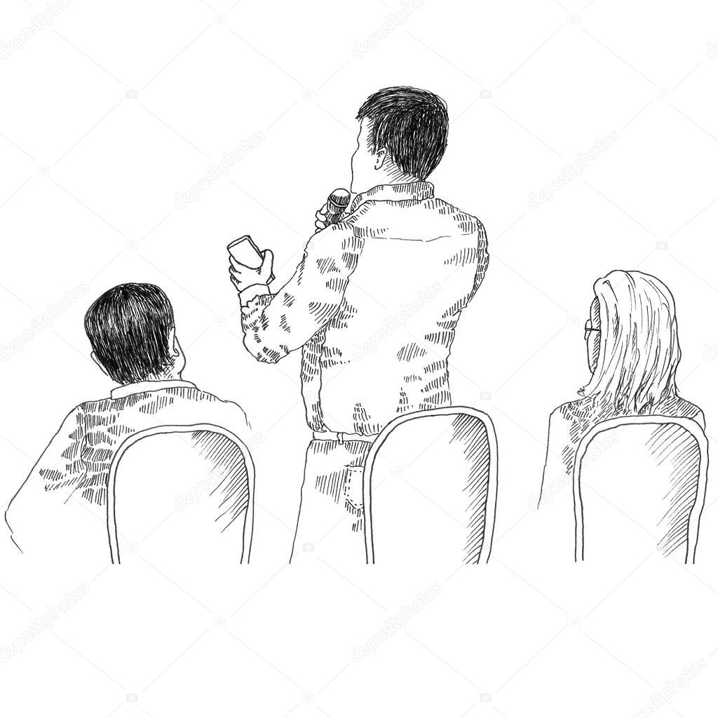 Hand-drawn Illustration of conference participant asks a question