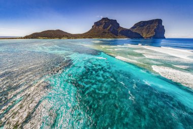 Aerial view of Lord Howe Island Coasts, turquoise blue Coral reef lagoon, the Tasman Sea, between Australia and New Zealand