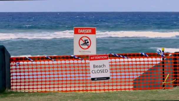 サーファーパラダイス オーストラリア 2020年4月8日 コロナウイルスの恐怖の中でビーチは閉鎖され Covid 19ウイルス ビーチは閉鎖またはシャットダウンの概念 2019年 クイーンズランド州政府が象徴的なビーチを閉鎖 — ストック動画