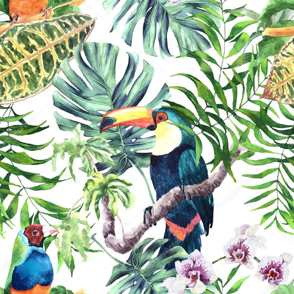 Tropical watercolor composite pattern on white