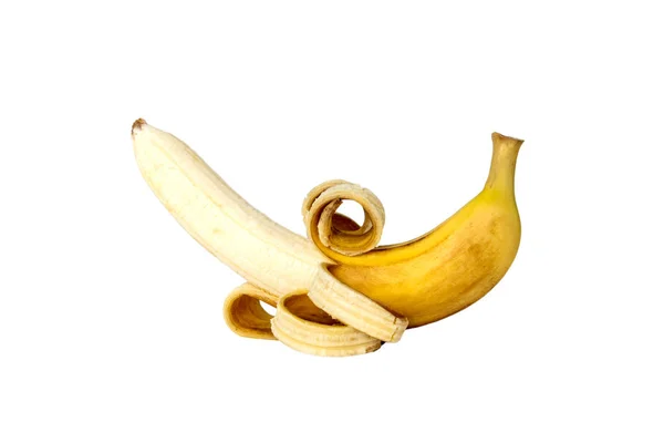 分離された黄色のバナナ皮をむいた皮ドロップ. — ストック写真